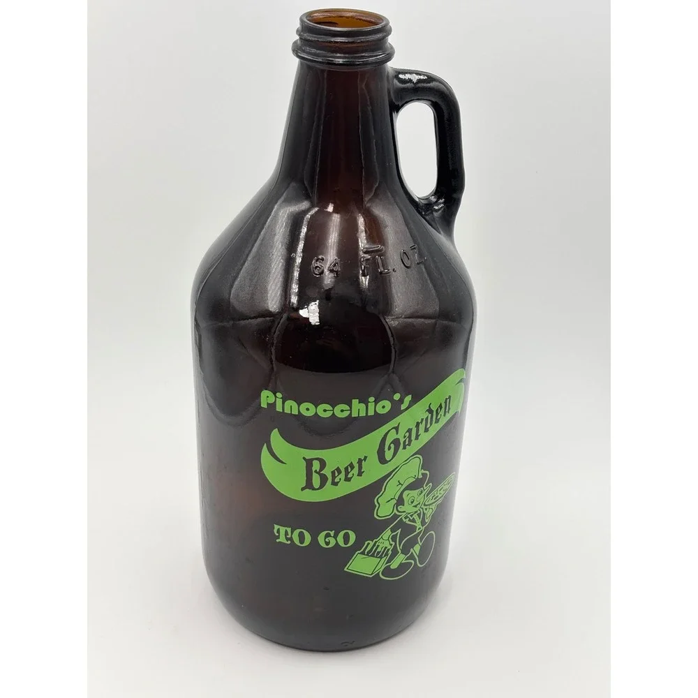 Pinocchios Beer Garden 64oz Amber Glass Growler Media PA Vintage Beer‎ Jug Pizza
